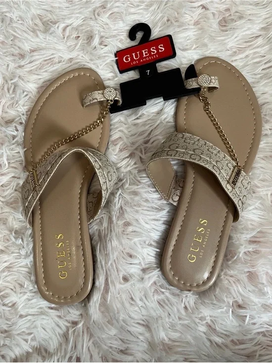 Authentic GUESS Beige Logo-Print Slide Sandals with Gold Chain Accent