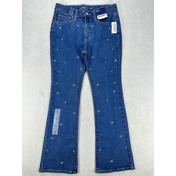 Old Navy Kids Girls Size 14 High-Rise Flare Embroidered Floral Blue Jeans NWT