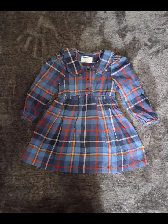 Old Navy Girls Blue/Red Plaid Fit & Flare Collared Puff Sleeve Dress 4T