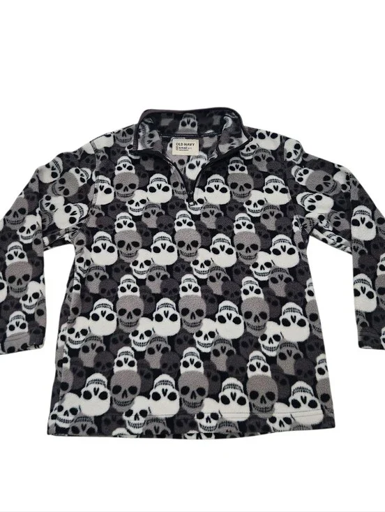 Old Navy Black White Gray Skull Fleece Pullover - Kids Size Sm 6/7