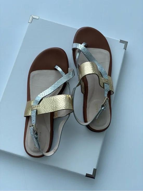 Cole Haan Metallic Leather Sandals Gold Silver Strappy Size 8B