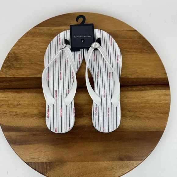 New Womens Tommy Hilfiger‎ Logo White Striped Thong Flip Flops Sandals Size 9 M
