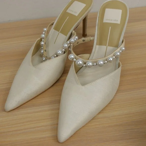 Dolce Vita Womens Mule Heels 8.5 White Coquette Bridal Satin Pearl Kitten Heel