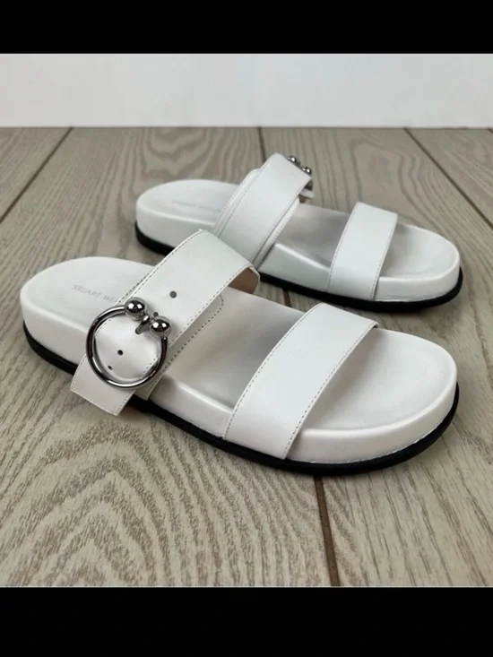Stuart Weitzman Joni Leather Footbed Buckle Strap Slide Sandals 5.5B White $325