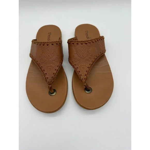 The Sak Women's Leather Embossed Thong Sandals Brown Boho Flip Flops Size 8