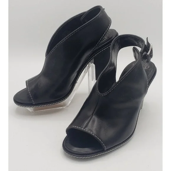 Vince Camuto Fandree Slingback Sandal Heel Peep Toe Buckle Black Leather Sz 8.5
