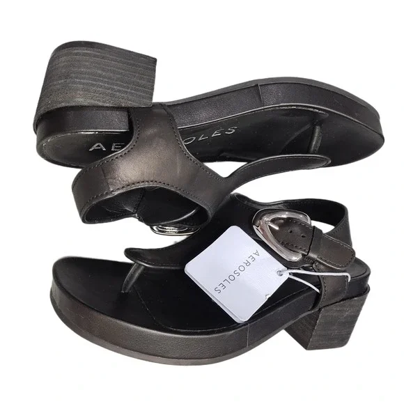 Aerosoles California Platform Thong Sandals Womens 5M Black Leather Buckle Strap