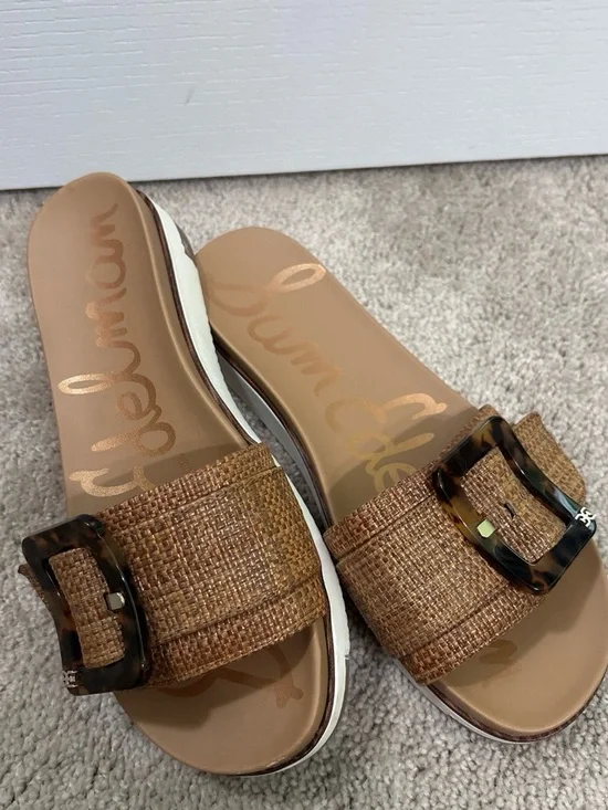Sam Edelman Tan Raffia Slide Sandals with Tortoiseshell Buckles
