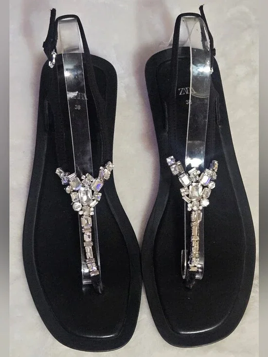 Zara Black Embellished T-Strap Size 38 / 8 Sandals EUC