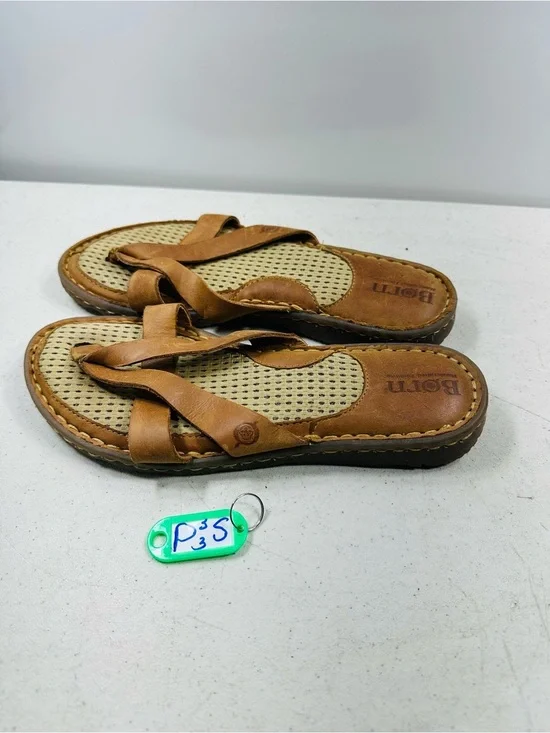 Born Tan Leather Crisscross Slide Sandals