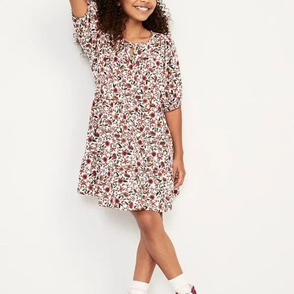 Old Navy Puff-Sleeve Tiered Patterned Swing Jersey Knit Girls Dress size Large