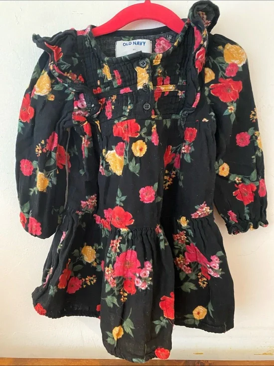 Old Navy Black Floral Ruffled Long-Sleeve Dress with Red & Yellow Blooms