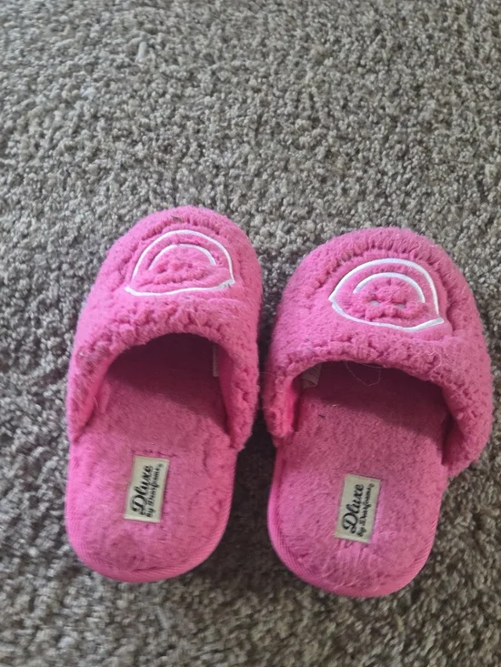 Kids Plush Pink Slide Slippers with Embroidered Rainbow