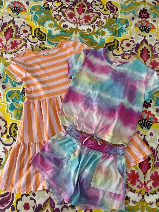 Girls Pastel Tie-Dye Tee & Shorts Set + Orange Striped Dress