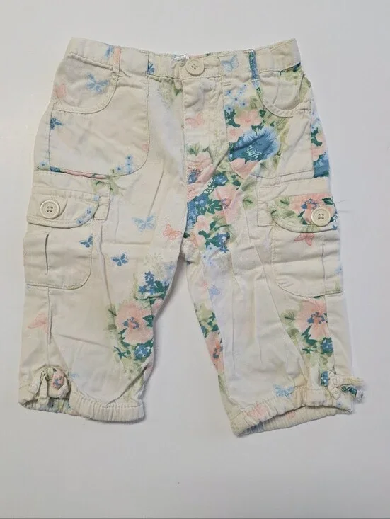 Old Navy Cream Floral Cargo Pants with Pink, Blue & Green Accents