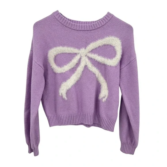 Coquette Bow Cropped Sweater XL Lavender Fuzzy Graphic Soft Girl Indie Cute Twee