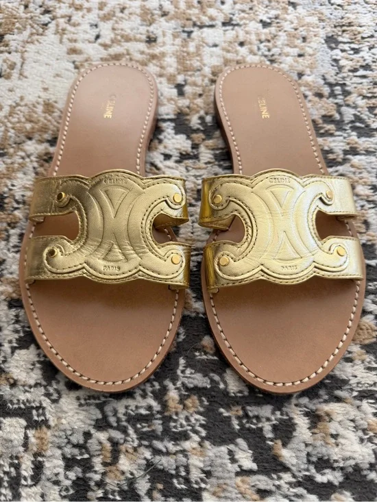 Celine Gold Triomphe Leather Slide Mule Sandals - Women's size 40 EUC