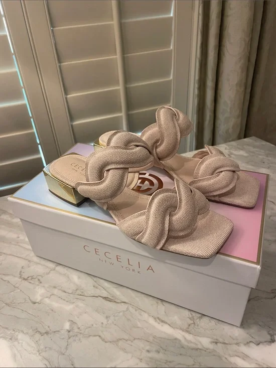 CECELIA NEW YORK Natural Braided Linen Slide Sandal with Gold Heel Accent