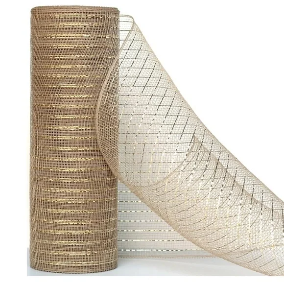 Koopi Deco Mesh, Set of 2 Tan Burlap with Champagne Metallic Foil