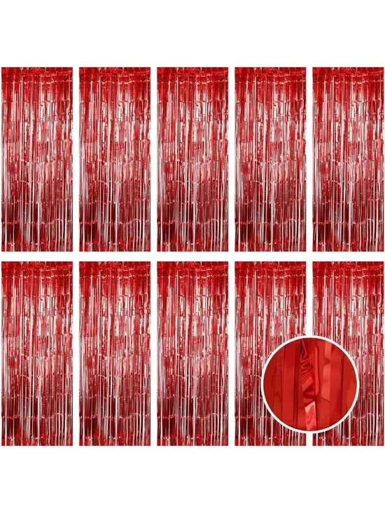 10 Pack Red Foil Fringe Curtains 3.2ft x 9.8ft for Photo Booth & Party Decor