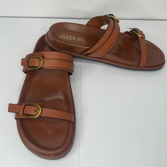 Jason Wu NWT Rhonda Brown Slide Sandals with Gold Accents.