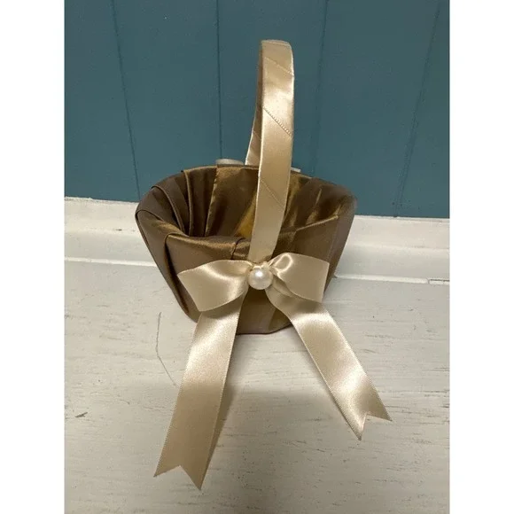 Satin Flower Girl Basket Ivory Pearl Bow Wedding‎ Ceremony Special Occasion