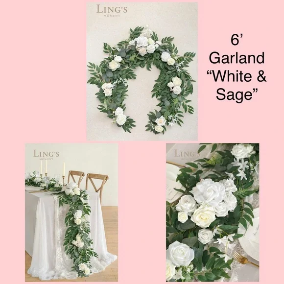 Ling's Moment 6' Head Table Garland in 'White & Sage'. This is brand new!