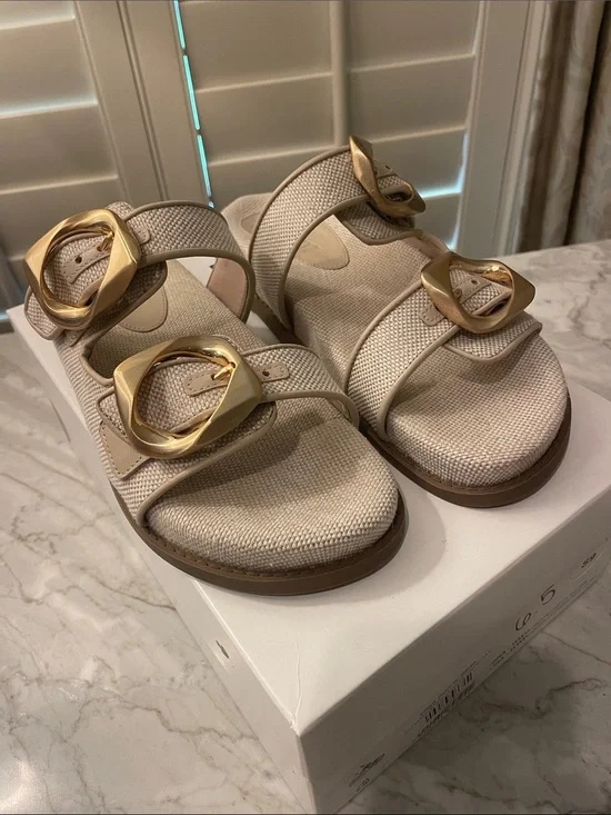 Schultz Olga Canvas Double-Buckle Slide Sandals with Gold Hardware