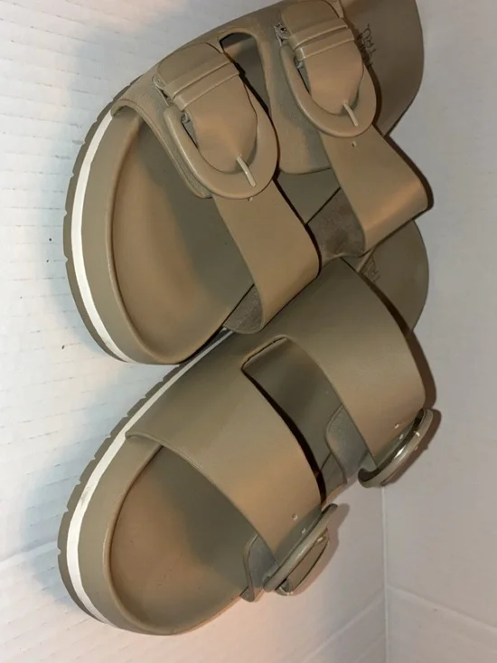 Time and Tru Taupe Double-Strap Buckle Slide Sandals