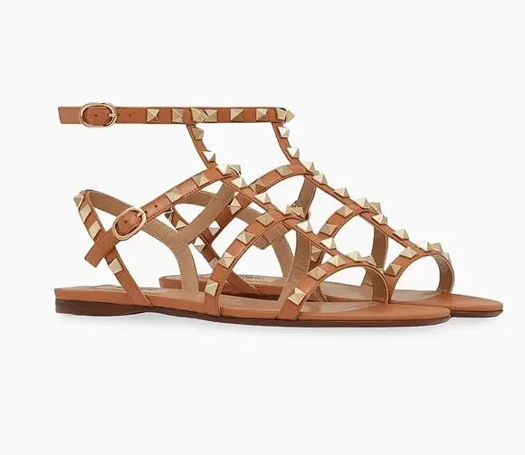 Valentino Garavani Rockstud Caged Leather Slide Sandal Almond Beige 36.5