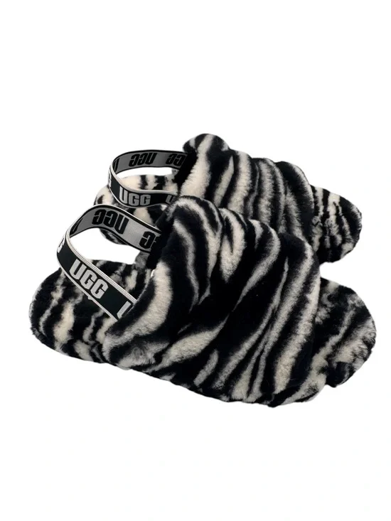 UGG Fluff Yeah Slide Zebra Black White Big Kids Sheepskin Sling Back Slipper 4