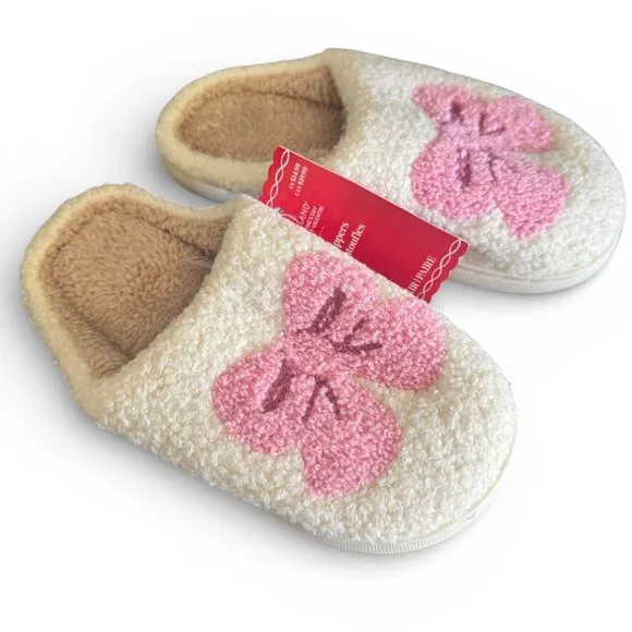 Ashland Girls Plush Slippers Pink Bow Cream Sherpa House Shoes Size: 3  NEW