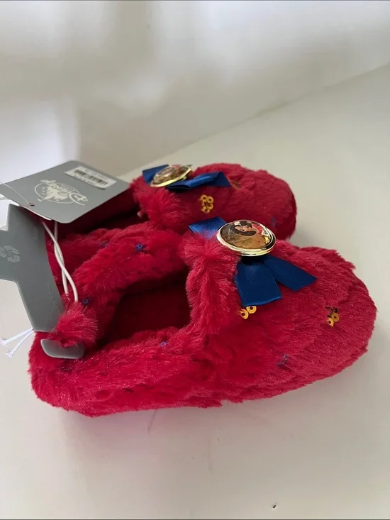 Disney Red Plush Girls Slippers with Blue Bow and Gold Accent