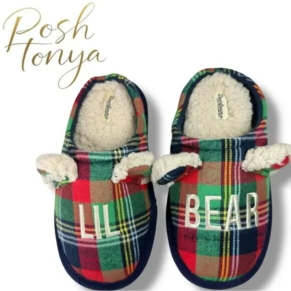 Dearfoams Kids Lil Bear Plaid Slippers Size 13/1 Sherpa Lined Holiday Cozy