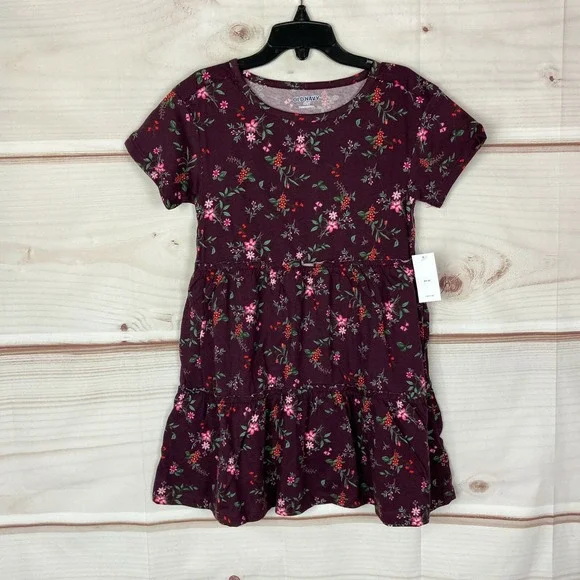 Old Navy Dress Girl XS Purple Cotton Floral Tier T-Shirt Short Sleeve Crew Neck