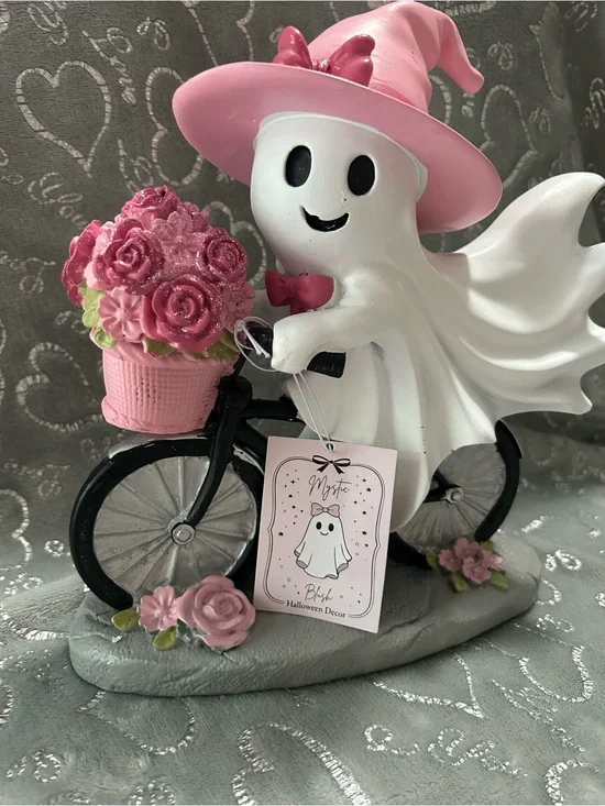 NWT Mystic Blush Ghost Wearing a Pink Witch Hat on Bike Halloween Tabletop Decor