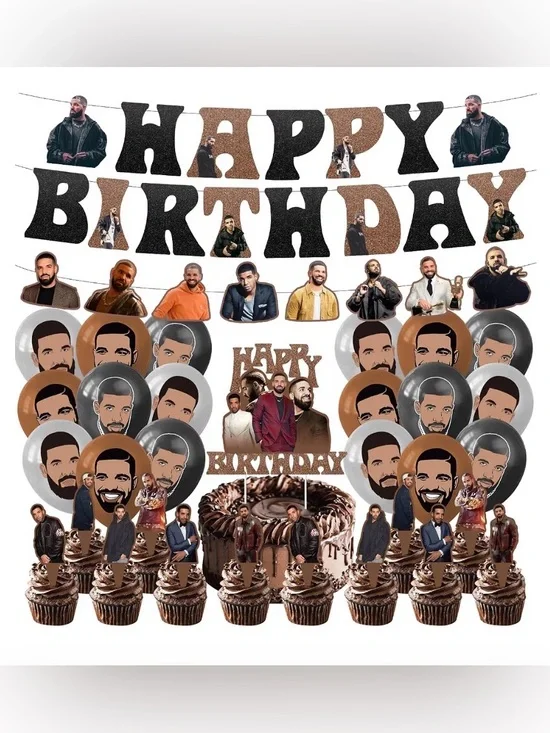 🖍️ Drake-Themed Happy Birthday Party Decoration Kit - Black & Brown
