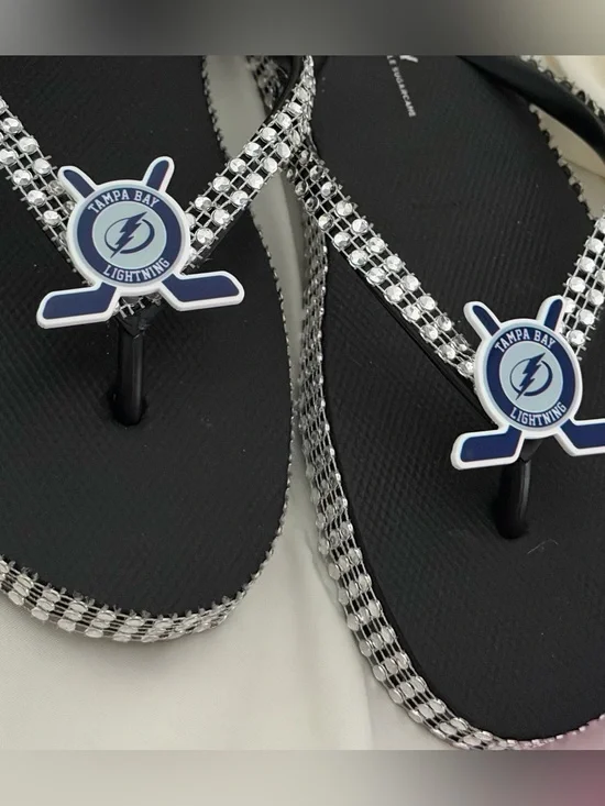 Women's Black Logo Rhinestone Flip Flops