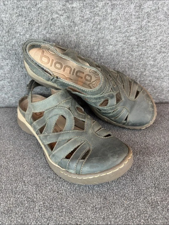 Bionica Maclean Women's Teal Gray Caged Leather Slingback‎ Sandals 8M