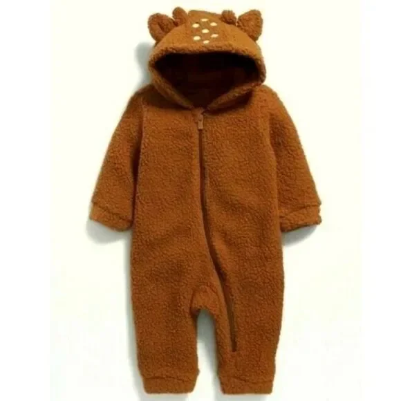 NWT Old Navy Sherpa Deer Hood One-Piece Bunting Brown Boy Girl Baby 18-24 Months