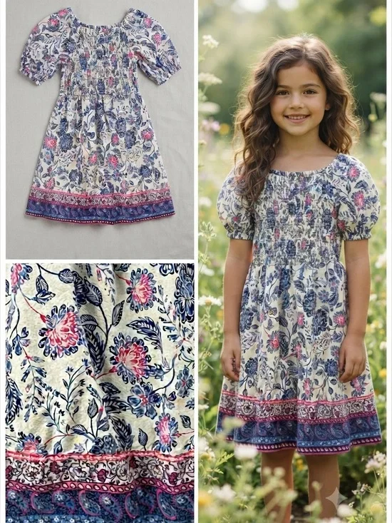 Old Navy Girls Floral Peasant Dress White Blue Pink Boho Prairie Cottage S 6-7