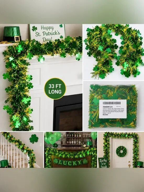 33 FT St. Patrick’s Day Tinsel Garland Green Gold Shamrock Clover Decor