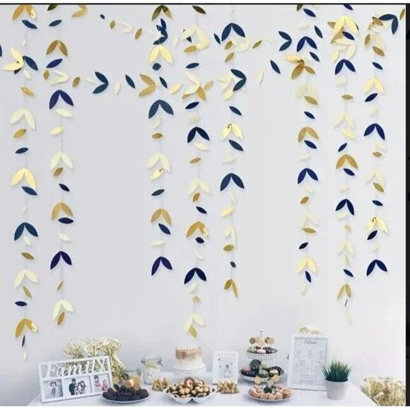 4 Piece Navy Blue Gold Party Decoration Decor Leaf Garland Paper Banner Hanging
