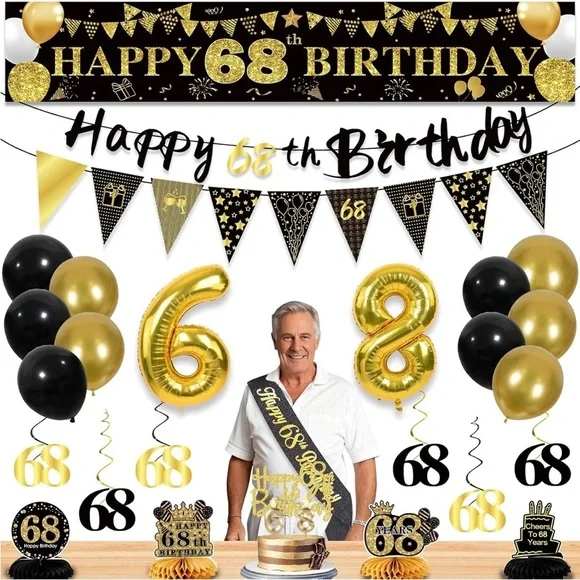 🎉 YeohJoy 68th Birthday Decoration Set – Black & Gold – Complete Party Kit