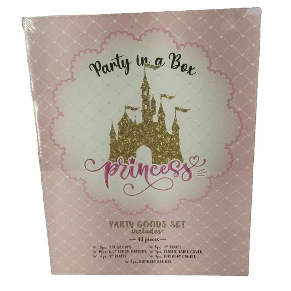 Pink Princess Castle Party Supplies 43pc Box‎  Banner Cups Candle Napkins & More