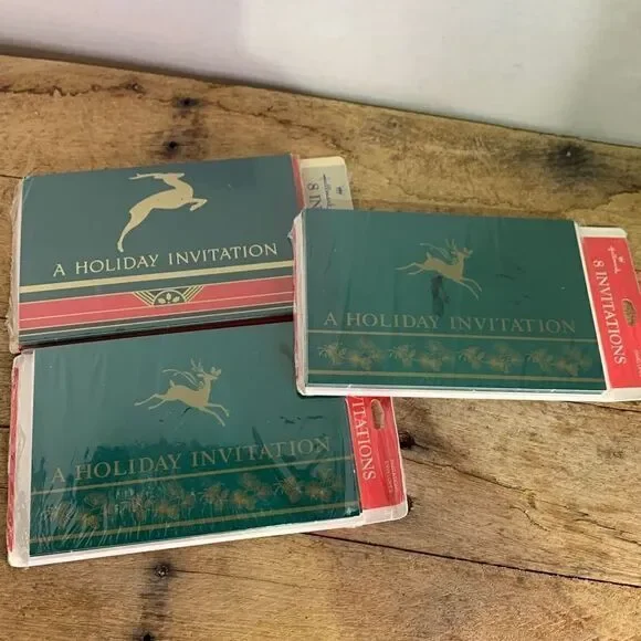 VTG Hallmark holiday invitation cards reindeer‎ red green gold