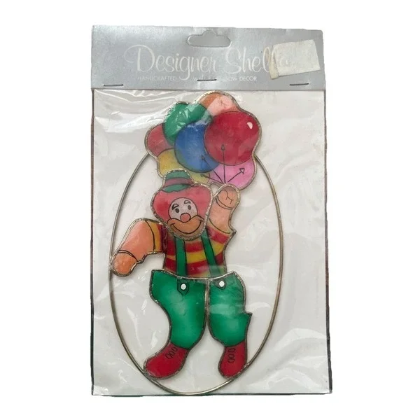 Vintage Seashell Clown with Balloons Stained Glass Suncatcher Kids Children Room