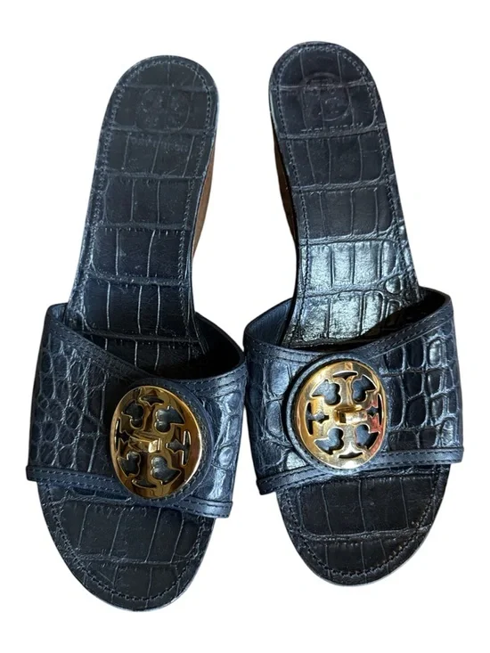 Tory Burch dark blue croc embossed leather slides with wedge heels Size 11