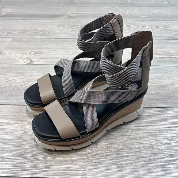 Sorel Sunpeak Wedge Ankle-Strap Sandals Wood 8.5 EUC