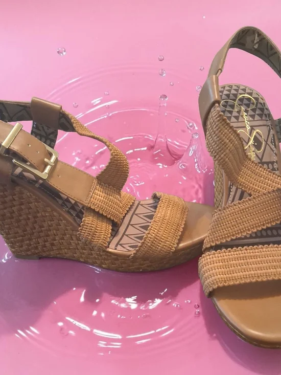Jessica Simpson Tan Woven Wedge Sandals with Ankle Buckle Women's Shoes Size 10